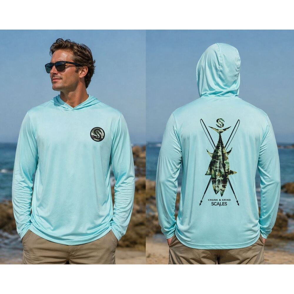Scales Performance Fishing Hoodie Shirt XL Blue Turquoise Long Sleeve NWOT
